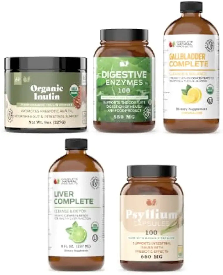 Inulin Powder 8oz, Digestive Enzymes 100 Capsules, Gallbladder Complete 8oz, Liver Complete 8oz & Whole Psyllium Husk Powder 100 Capsules K515890