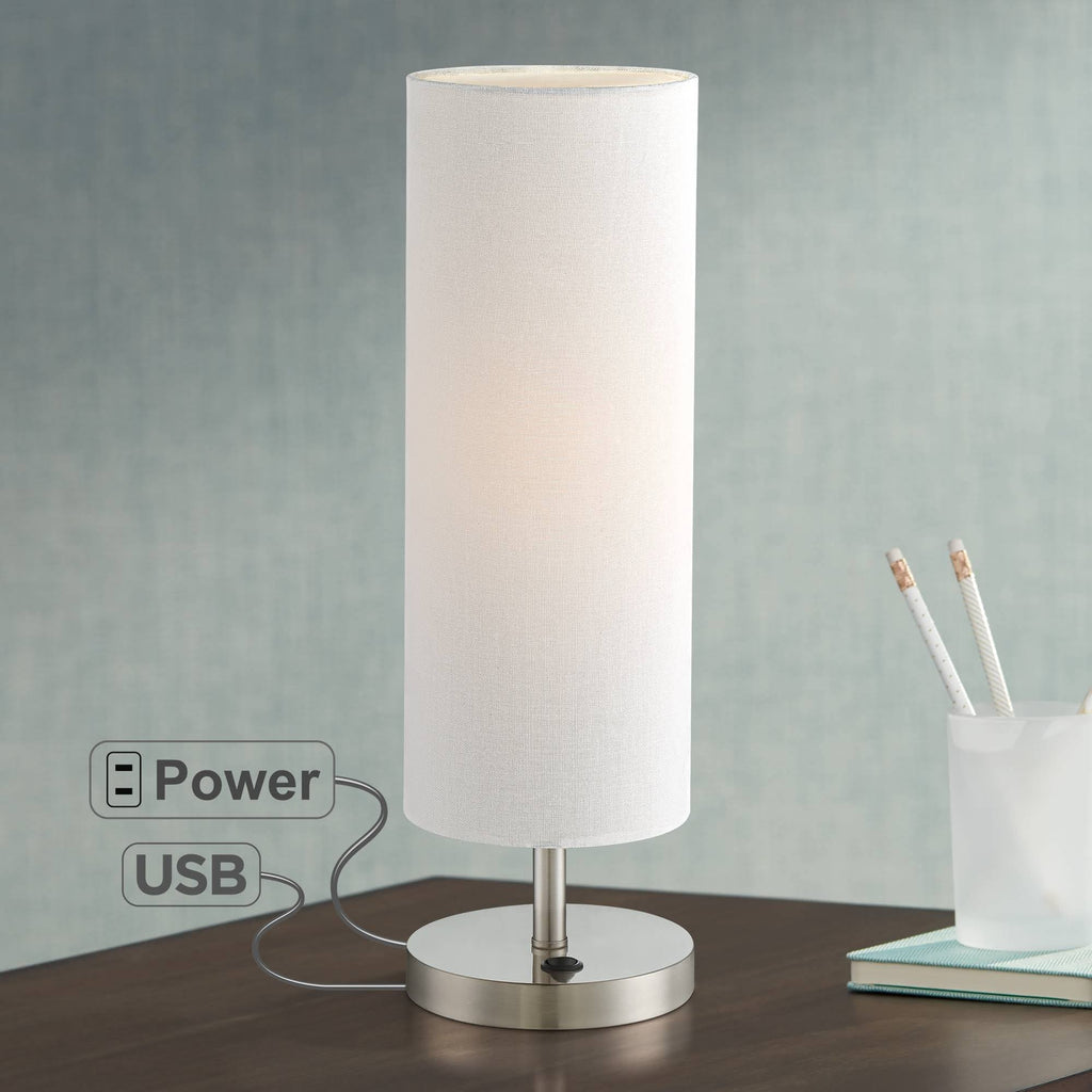 Modern Accent Table Lamp with USB and AC Power Outlet Brushed Steel Off White Cylinder Shade Q1263
