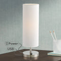 Modern Accent Table Lamp with USB and AC Power Outlet Brushed Steel Off White Cylinder Shade Q1263