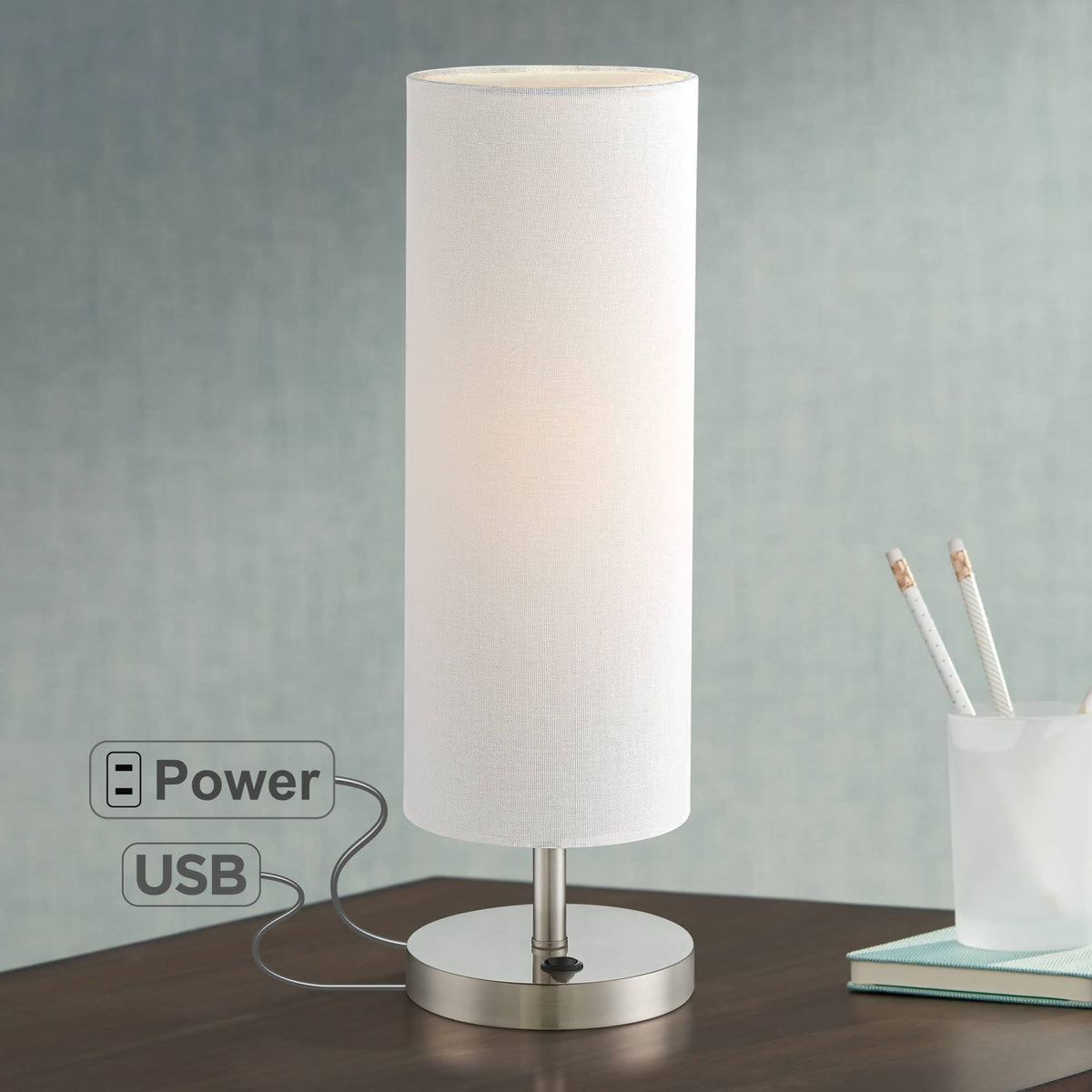 Modern Accent Table Lamp with USB and AC Power Outlet Brushed Steel Off White Cylinder Shade Q1263