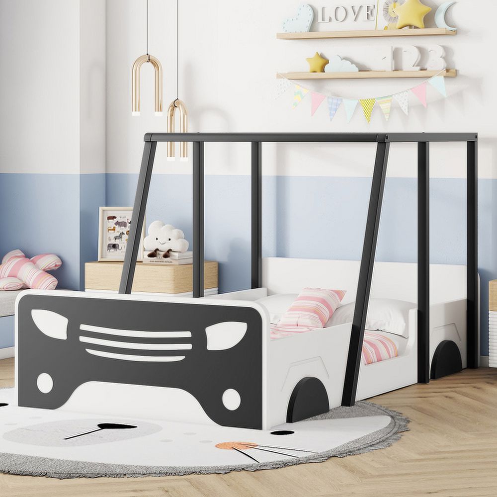 Twin Size Solid Wood Car Bed Frame with Wheels and Door A342481