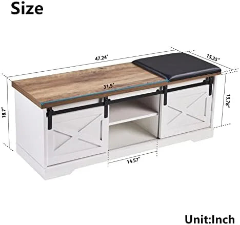 42” Rustic Solid Wood Shoe Bench with Linen Cushion D978844