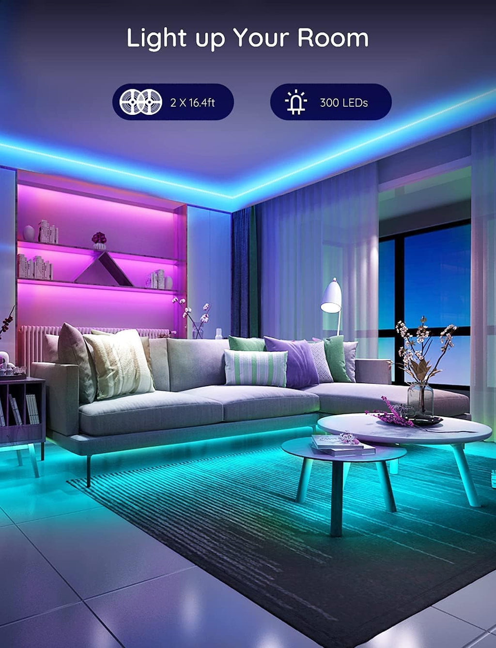 Waterproof WiFi LED Strip Lights, 32.8ft, 2 Rolls of 16.4ft, Pack of 2 E6849