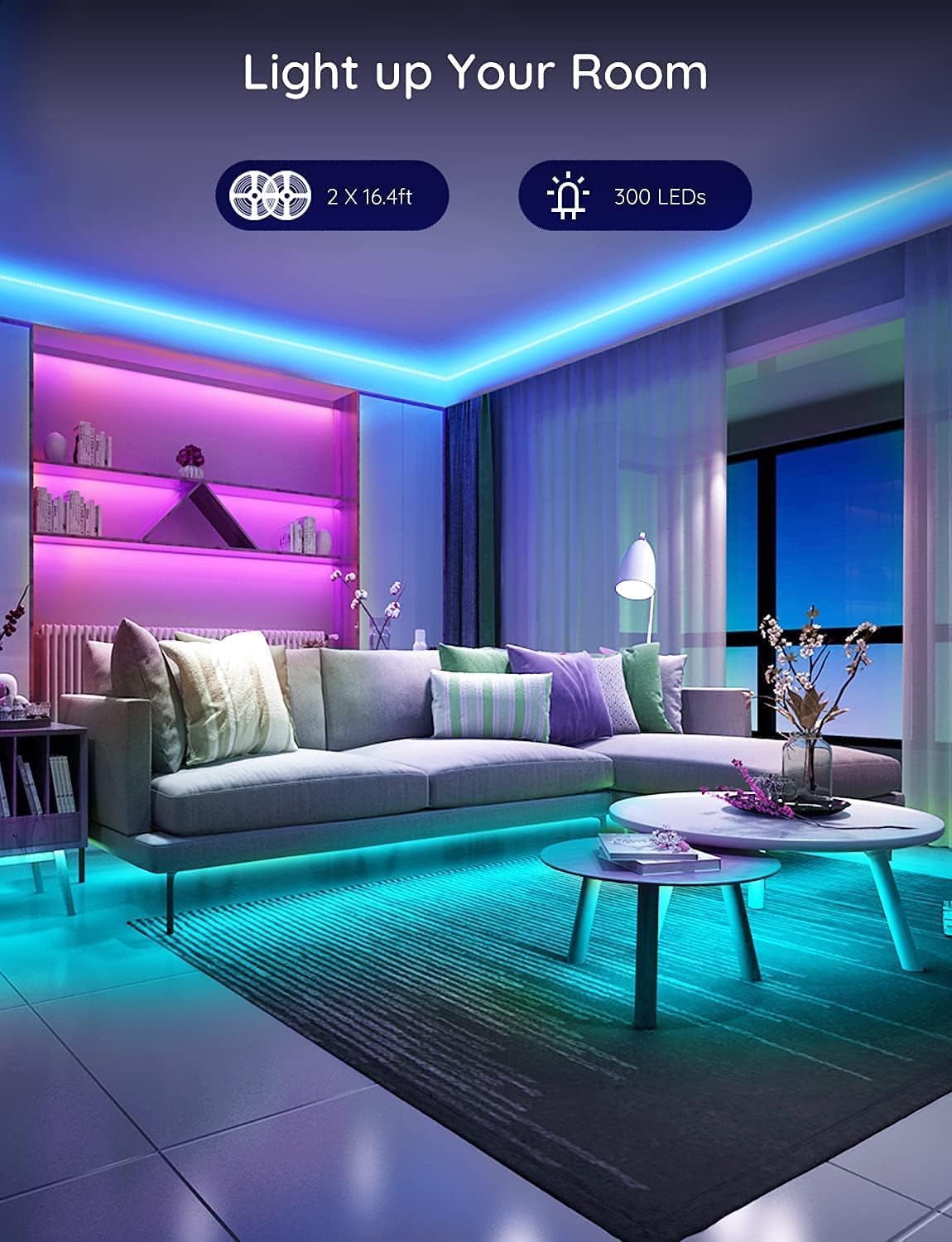 Waterproof WiFi LED Strip Lights, 32.8ft, 2 Rolls of 16.4ft, Pack of 2 E6849