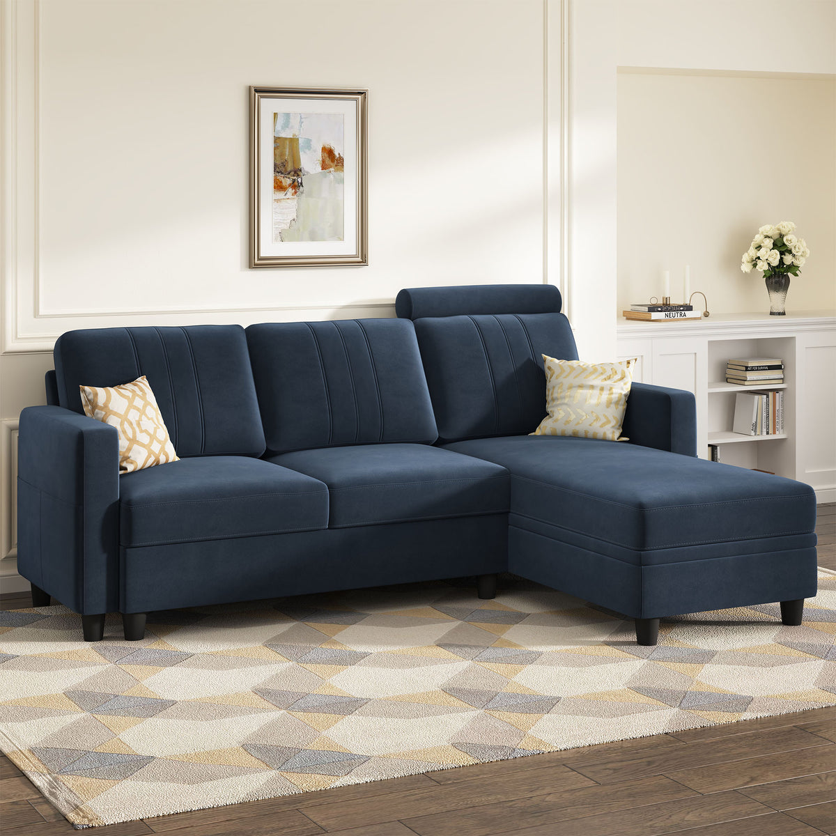 Dark Navy Blue Velvet L-Shaped Sectional Sofa with Storage Chaise S2256