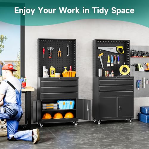 Black Metal Storage Cabinet with Wheels and Drawers H926