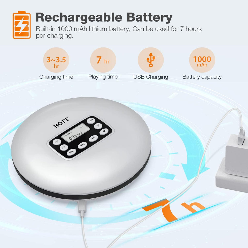 Silver Rechargeable Portable CD Player with Bluetooth U34062