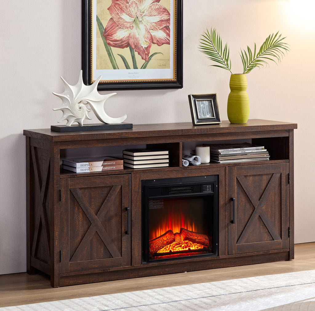 Espresso TV Media Stand with Electric Fireplace and Open Shelves S608
