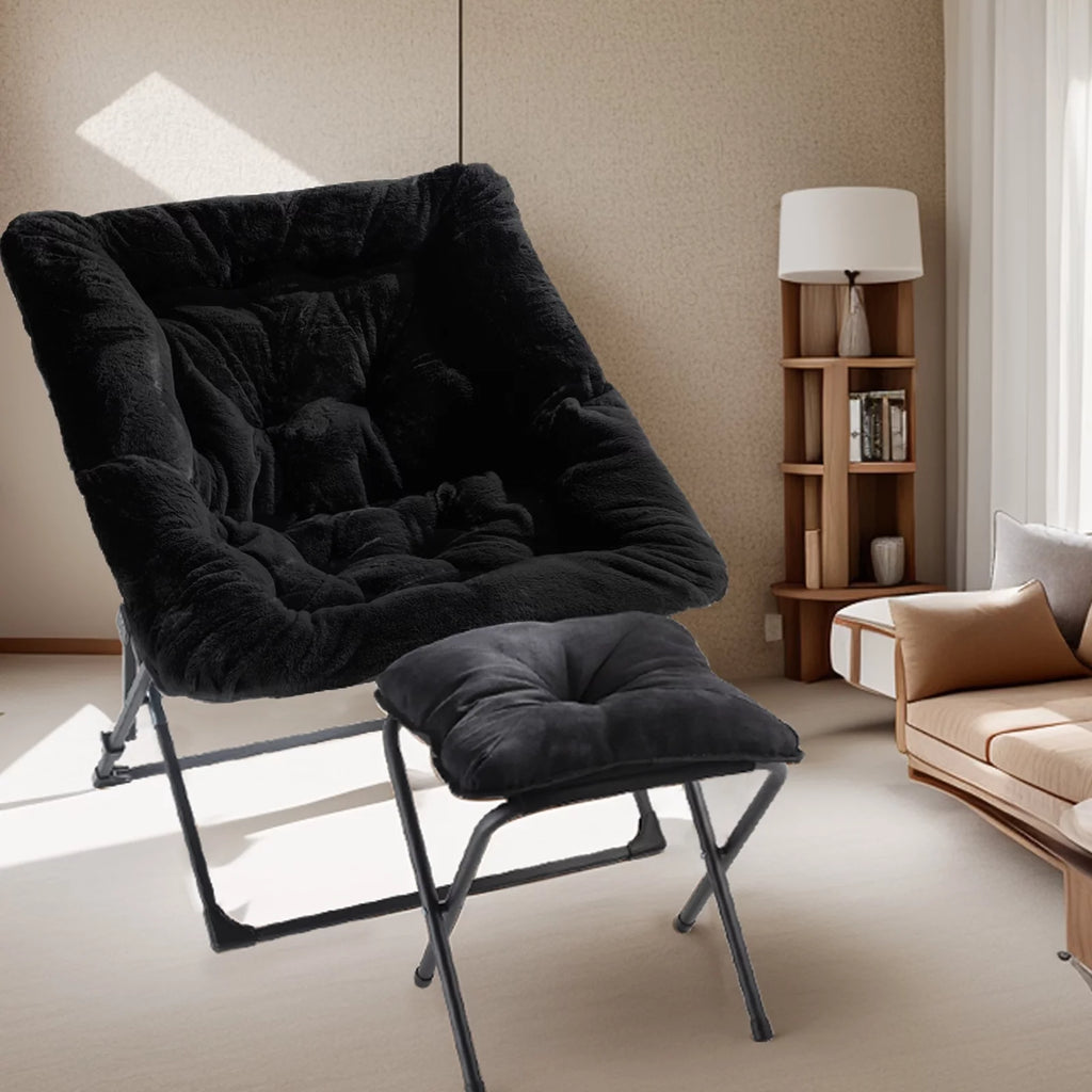 Black Faux Fur Folding Lounge Chair with Ottoman X337769