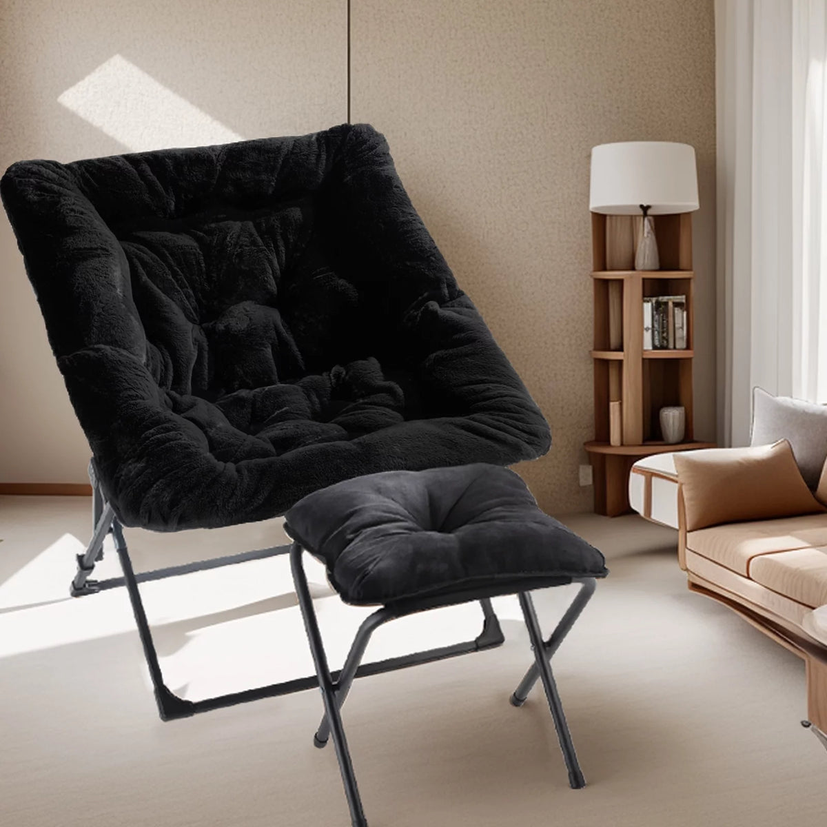 Black Faux Fur Folding Lounge Chair with Ottoman X337769