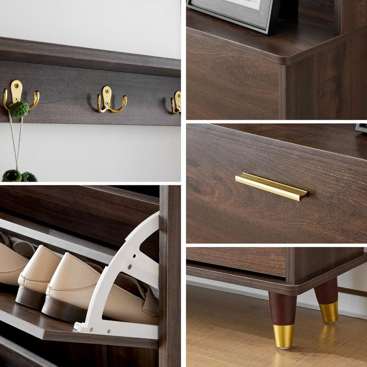 Brown Wardrobe Armoire Closet with 12 Hooks & 3 Shoe Cabinets U97455