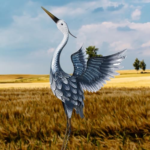 33 Inch Blue Metal Crane Statue Y1094