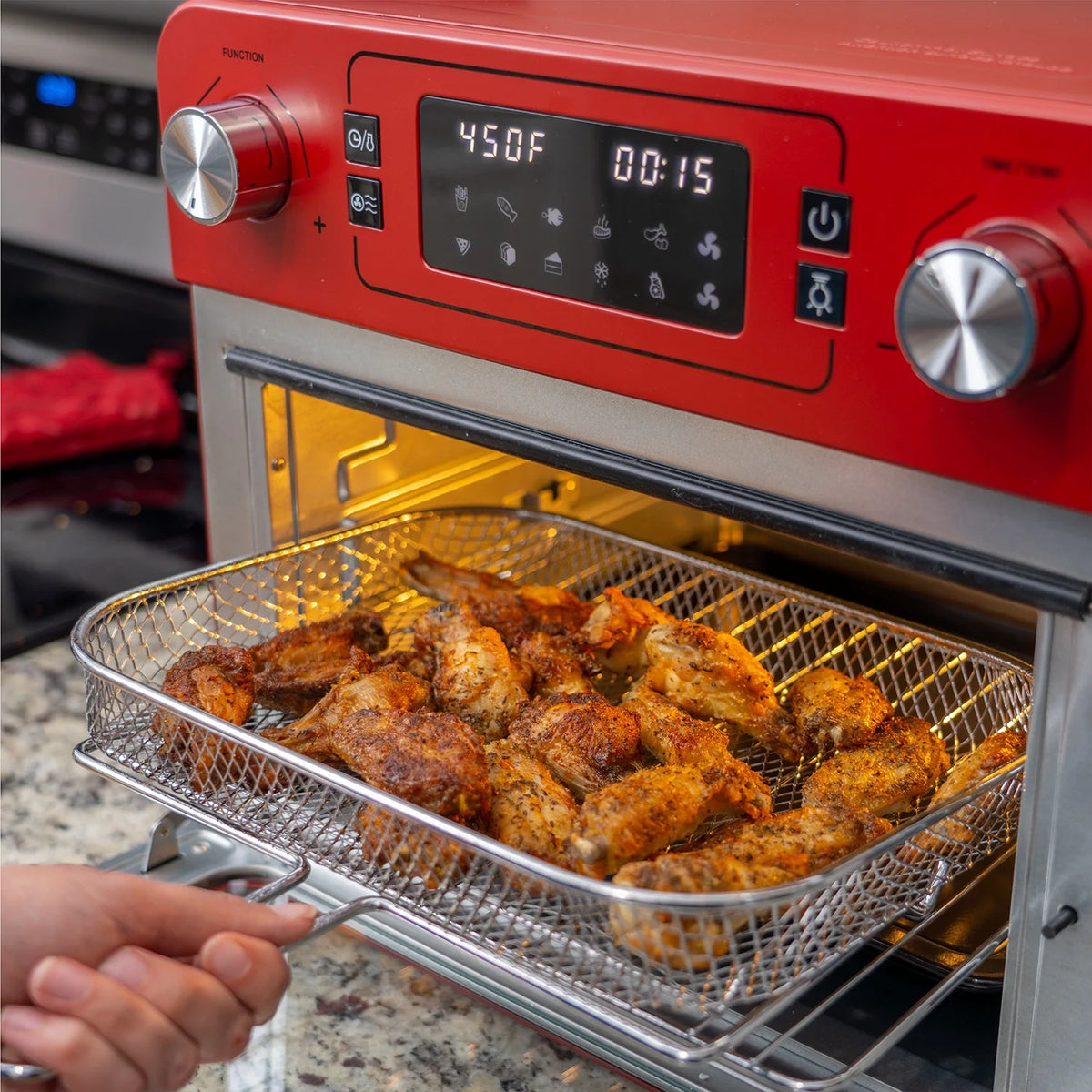 Red Stainless Steel Countertop Toaster Oven with Air Fryer and Rotisserie Assembly I588090
