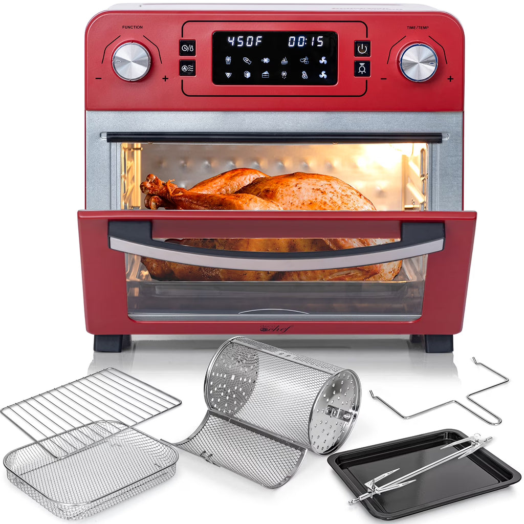 Red Stainless Steel Countertop Toaster Oven with Air Fryer and Rotisserie Assembly I588090