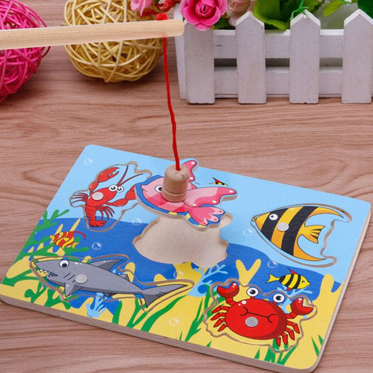 3pcs Kids Magnetic Wood Fishing Rod Toys Educational Playthings Z73531
