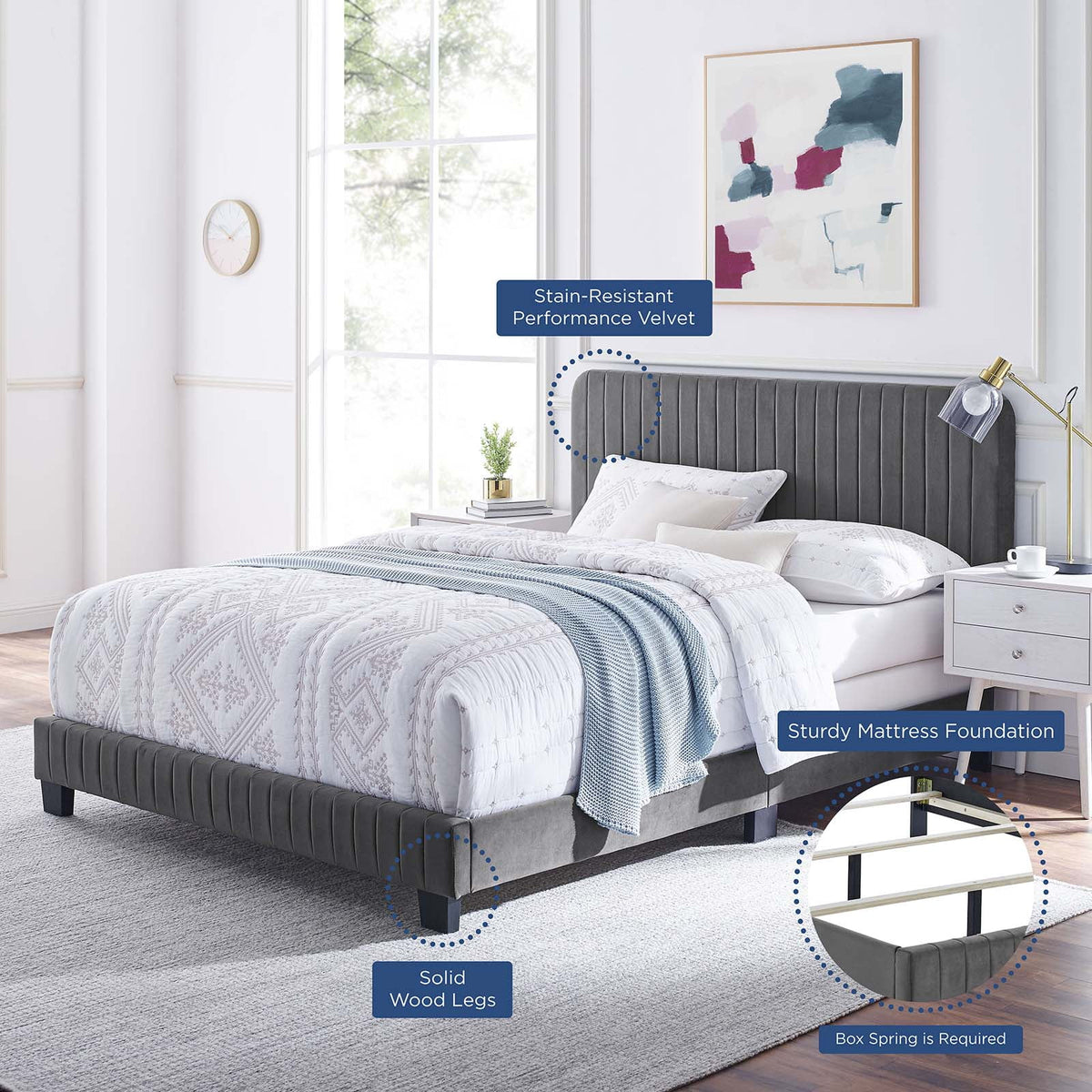 King Size Grey Velvet Tufted Platform Bed Frame E9079