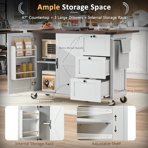 White Kitchen Island with Drop Leaf and Drawer F3683