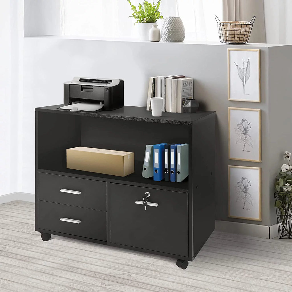 Black Wood 3 Drawer Mobile Lateral Filing Cabinet with Lock Y342