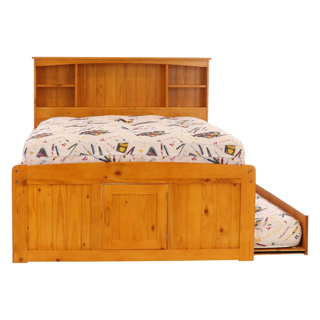 Solid Pine Full Captains Bookcase Bed with 3 Drawers and Twin Sized Trundle in Warm Honey H9637