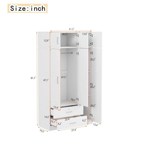 White 3 Doors Wooden Wardrobe with 2 Drawers and Top Cabinet K7051