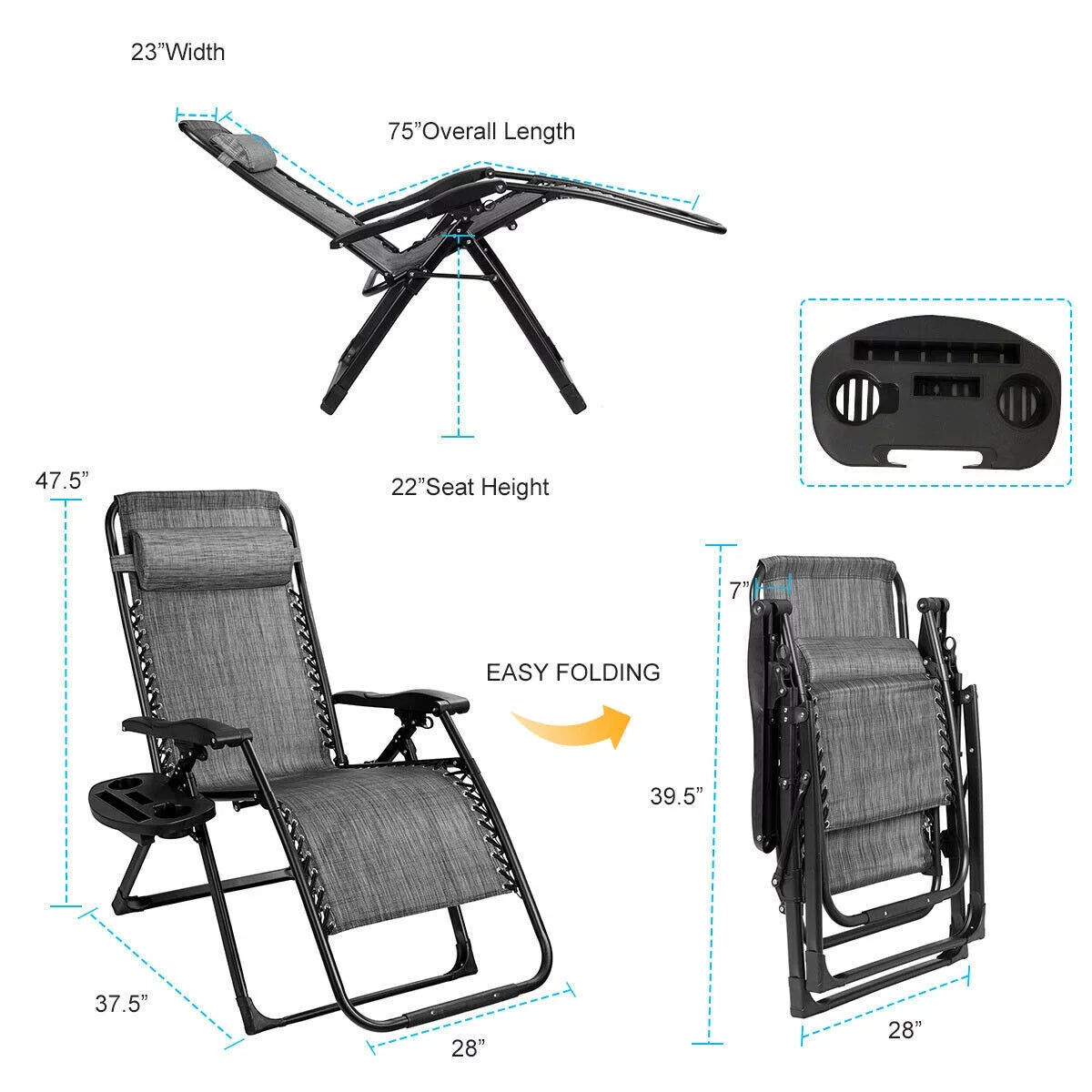 Folding Zero Gravity Lounge Chair with Cup Holder, Tray, and Pillow - Gray F61711