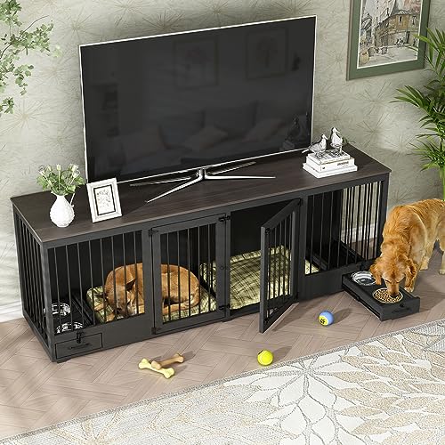Black Heavy Duty Wooden Dog Crate with Dog Bowl Drawers & Divider O46596