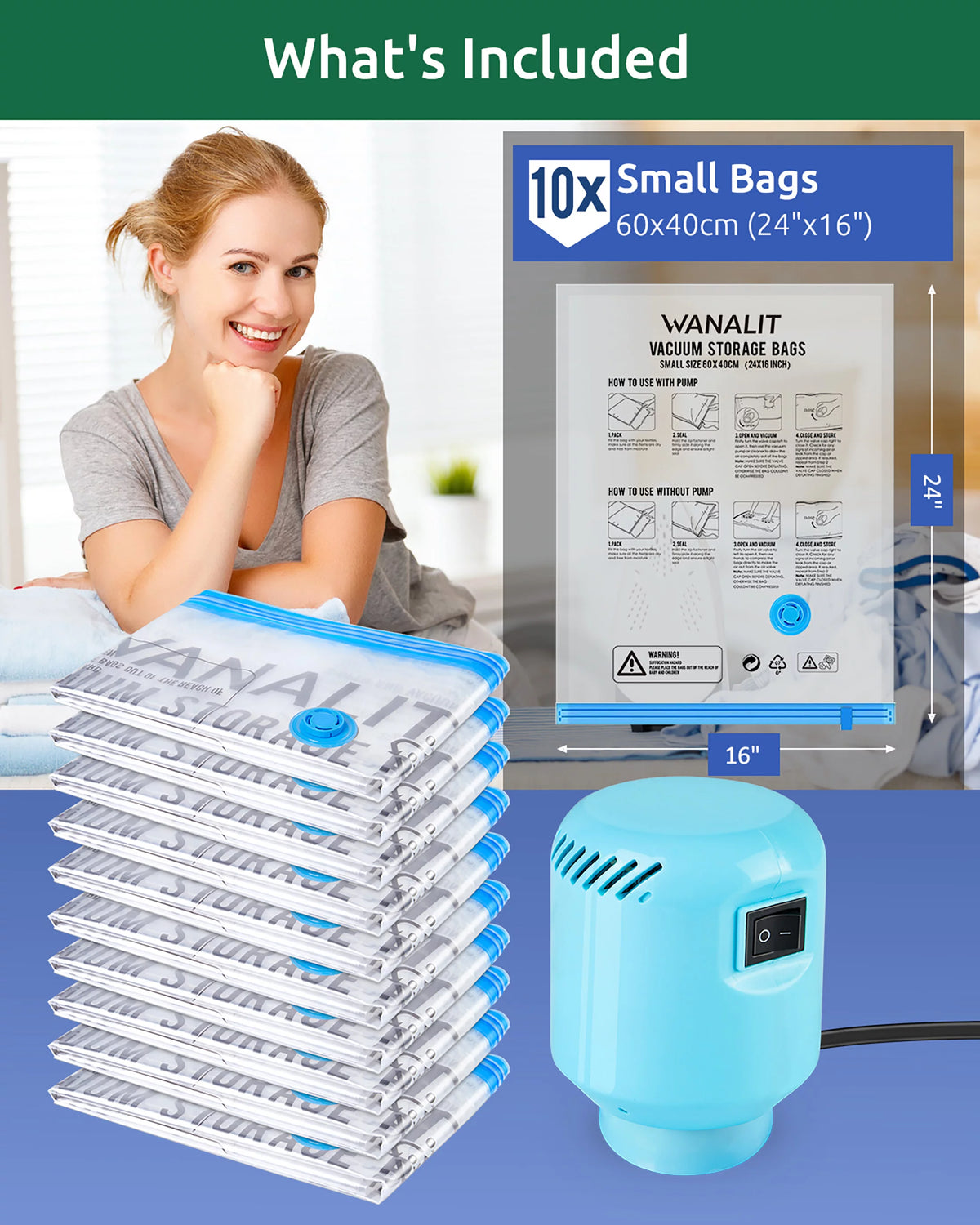 10 Pack Vacuum Storage Bags Small with Electric Air Pump Reusable Compression 24"x16" R122161