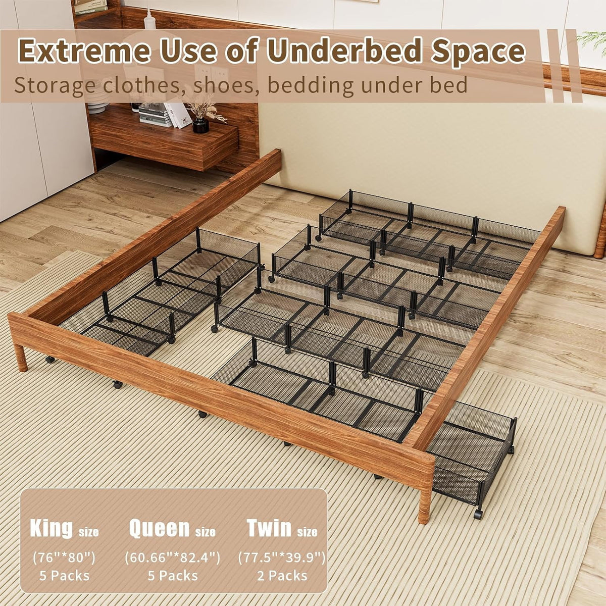 Under Bed Storage on Wheels, Large Capacity Rolling Under the Bed Storage Containers, Foldable Drawers W5567
