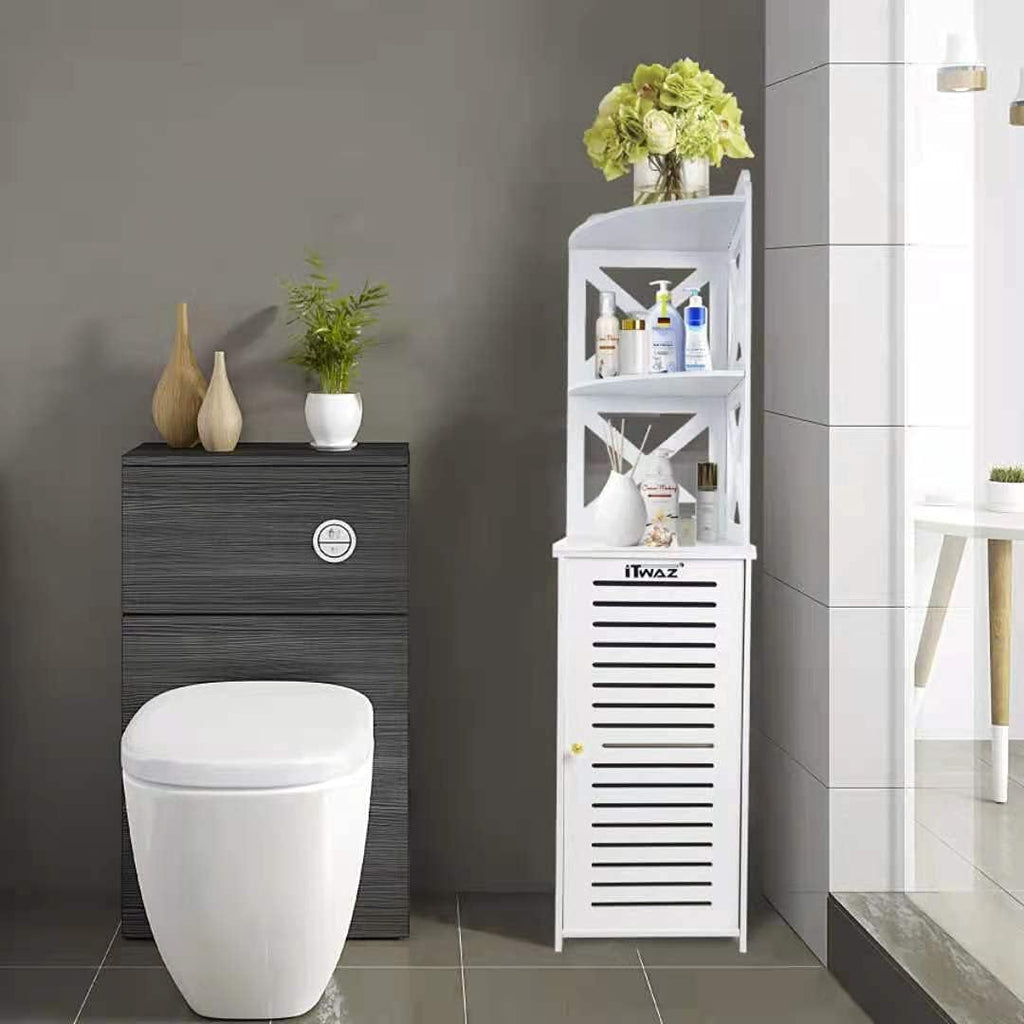 White Free-Standing Bathroom Storage Cabinet with Single Door and 3-Layer Shelves P9804