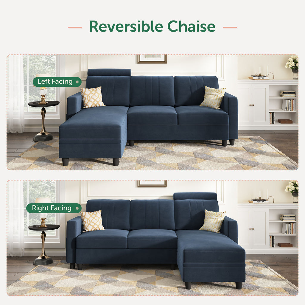 Dark Navy Blue Velvet L-Shaped Sectional Sofa with Storage Chaise S2256