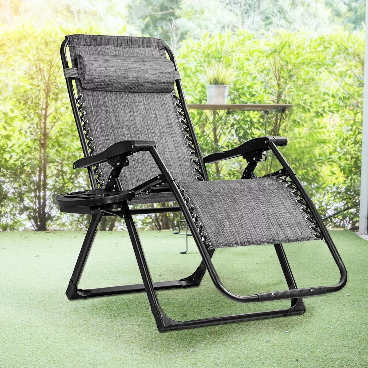 Folding Zero Gravity Lounge Chair with Cup Holder, Tray, and Pillow - Gray F61711