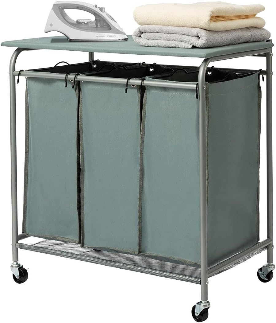 3-Bag Laundry Sorter Cart with Ironing Board Black V840