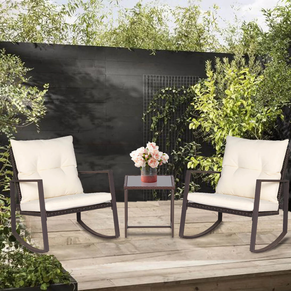 Brown Wicker 3-Piece Rocking Chairs Set with Beige Cushions & Glass Coffee Table I39329
