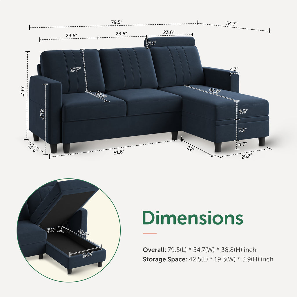 Dark Navy Blue Velvet L-Shaped Sectional Sofa with Storage Chaise S2256