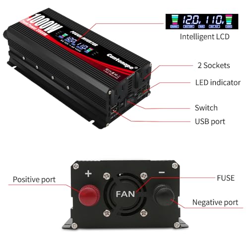 1000 Watt Car Power Inverter 12V to 110V/120V AC with LCD Display Dual AC Outlets Dual USB Black P6813