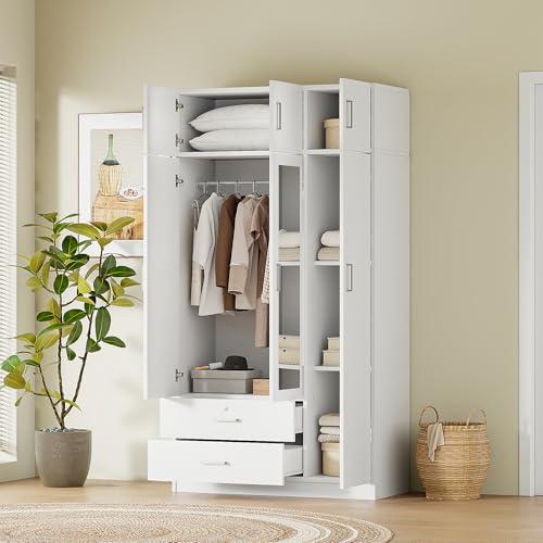 White 3 Doors Wooden Wardrobe with 2 Drawers and Top Cabinet K7051