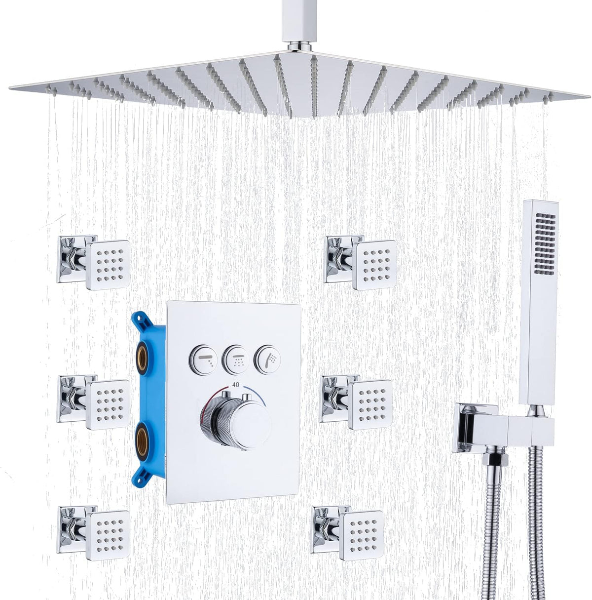 Brushed Gold 16 Inch Ceiling Mount Rain Shower System with Body Jets E9045