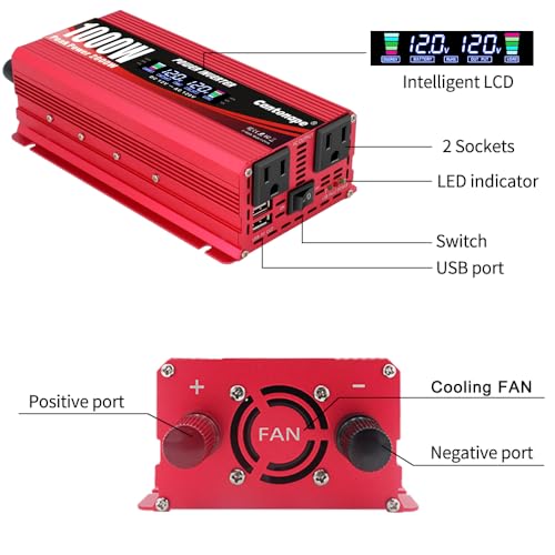 1000 Watt Car Power Inverter 12V to 110V/120V AC with LCD Display Dual AC Outlets Dual USB Black P6813