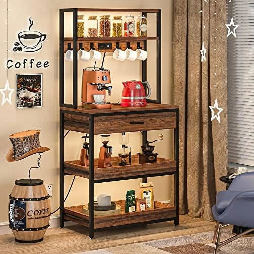 Rustic Brown 5-Tier Kitchen Bakers Rack with Power Outlets E87119