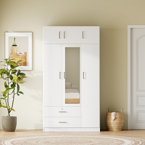 White 3 Doors Wooden Wardrobe with 2 Drawers and Top Cabinet K7051