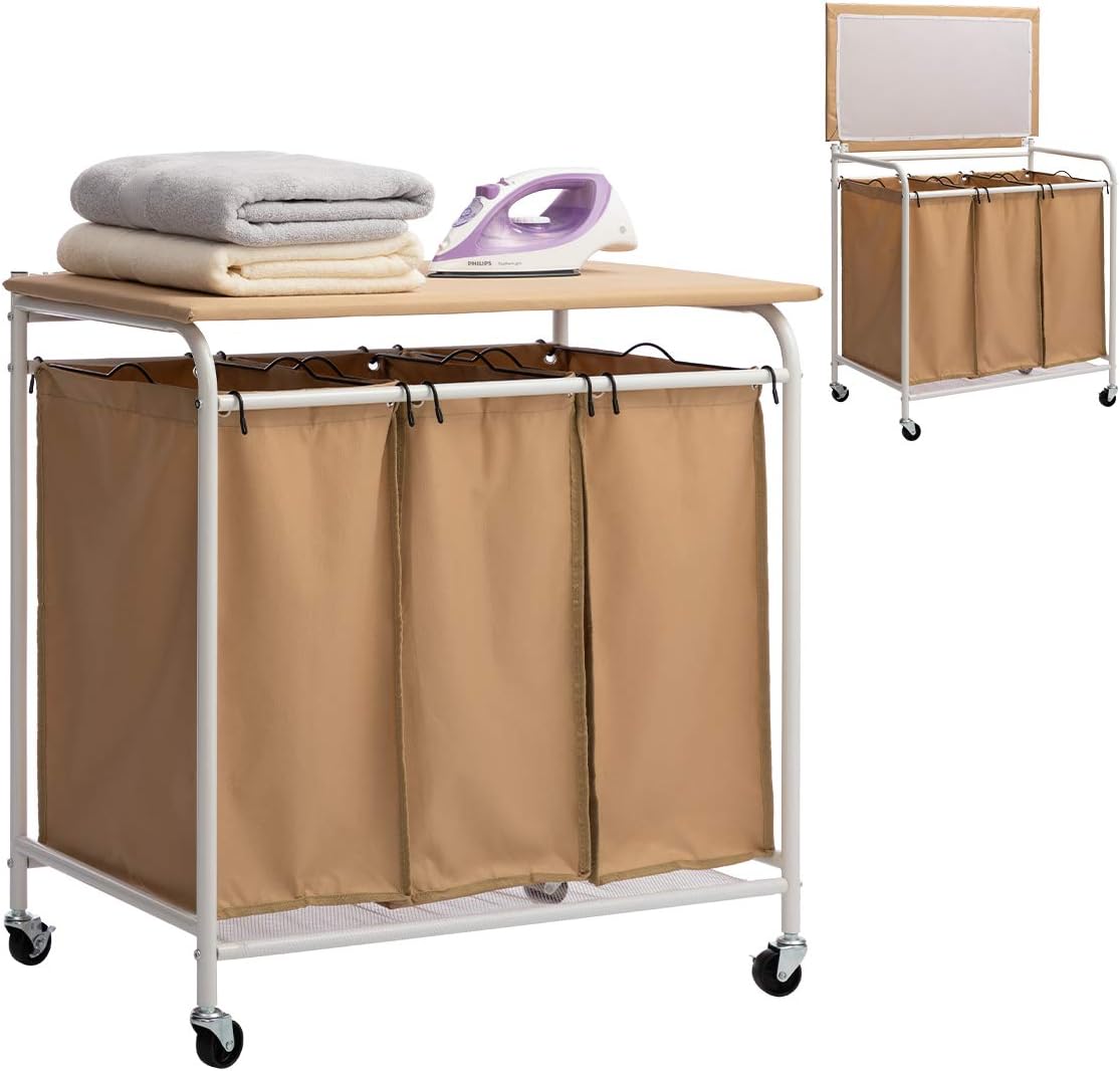 3-Bag Laundry Sorter Cart with Ironing Board Black V840