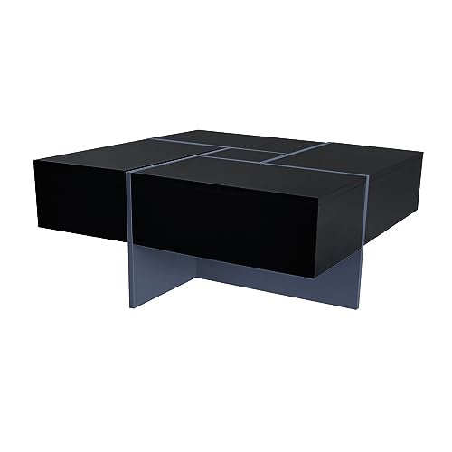 Black Square Coffee Table with 4 Hidden Storage Compartments and Extendable Sliding Tabletop F771