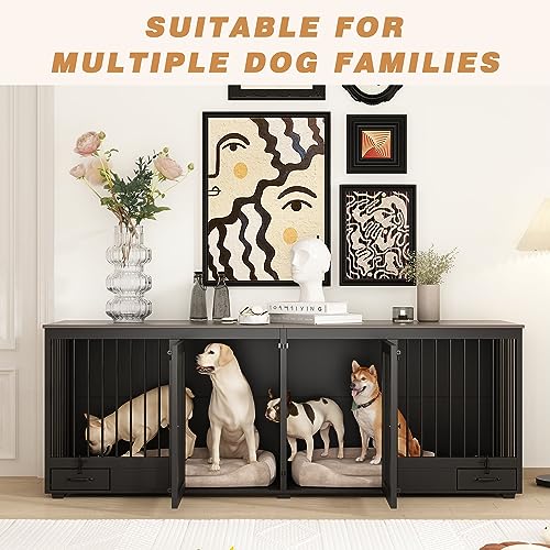 Black Heavy Duty Wooden Dog Crate with Dog Bowl Drawers & Divider O46596