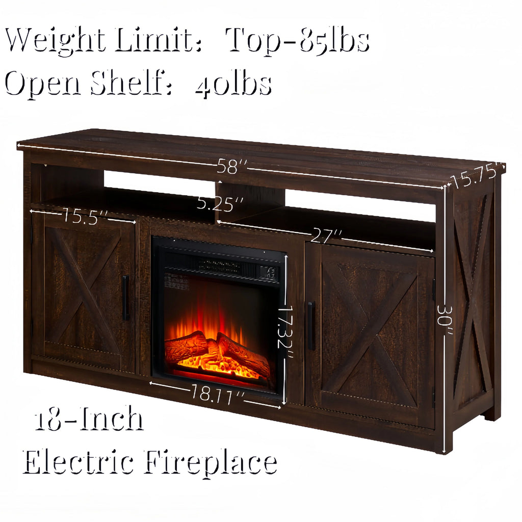 Espresso TV Media Stand with Electric Fireplace and Open Shelves S608