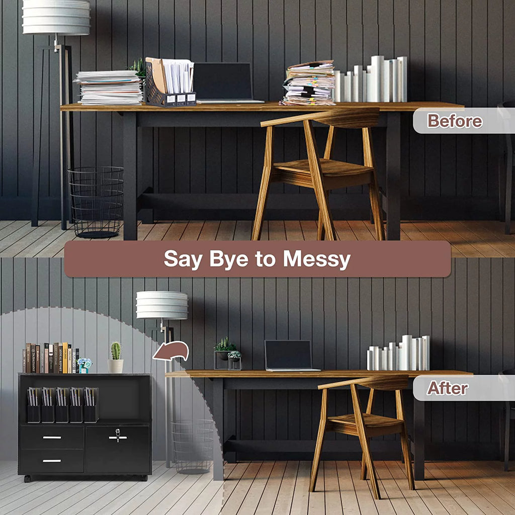 Black Wood 3 Drawer Mobile Lateral Filing Cabinet with Lock Y342
