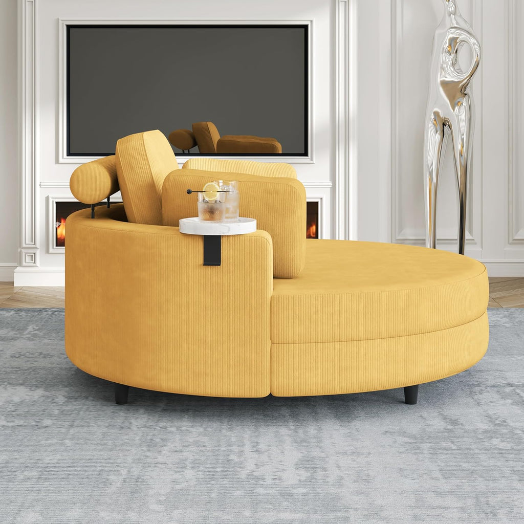 Oversized Corduroy Barrel Armchair with Adjustable Headrest, 4 Pillows, Storage Ottoman & Removable Tray G419