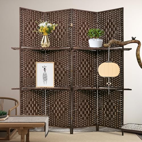 4 Panel Wood Room Divider with Storage Shelves E1920