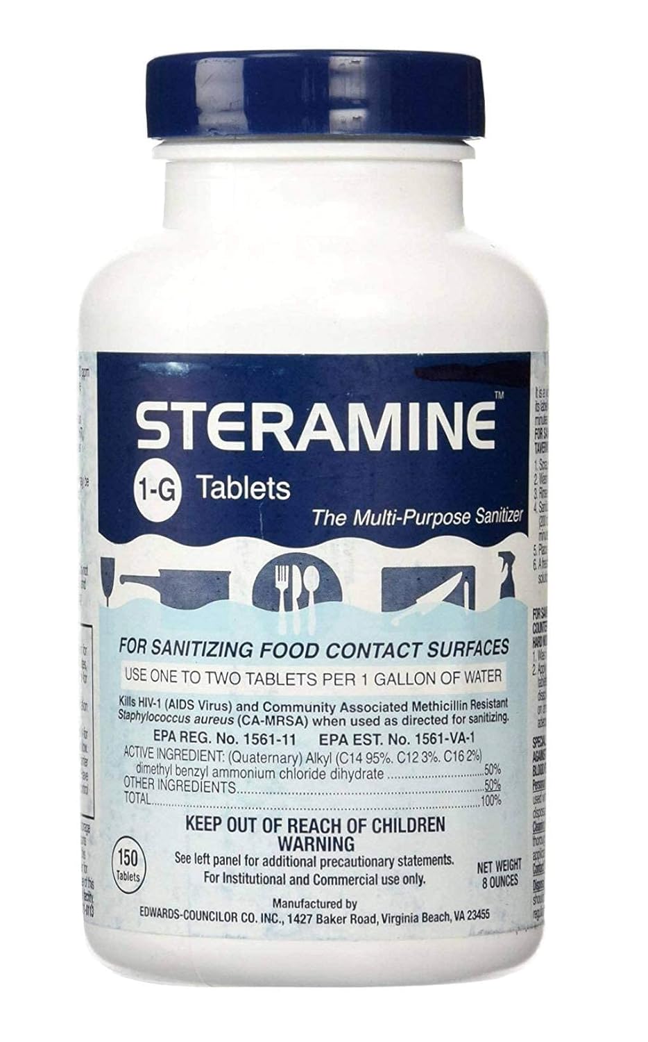 150 Sanitizer Tablets per Bottle, Blue, Pack of 1 Bottle H4168