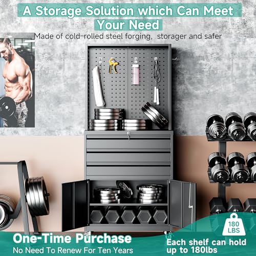 Black Metal Storage Cabinet with Wheels and Drawers H926