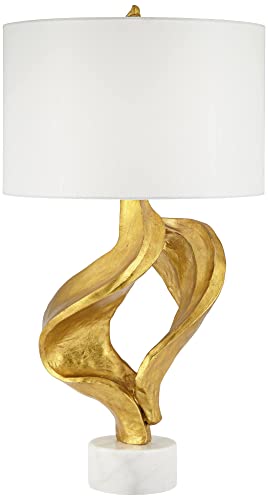 31" Tall Gold Leaf White Fabric Drum Shade Table Lamp Z856